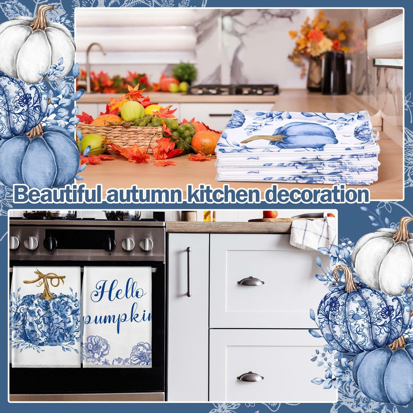 Kinlop 6 Pcs Fall Thanksgiving Blue White Pumpkin Kitchen Towels 16x26 Inch