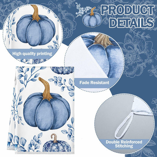 Kinlop 6 Pcs Fall Thanksgiving Blue White Pumpkin Kitchen Towels 16x26 Inch