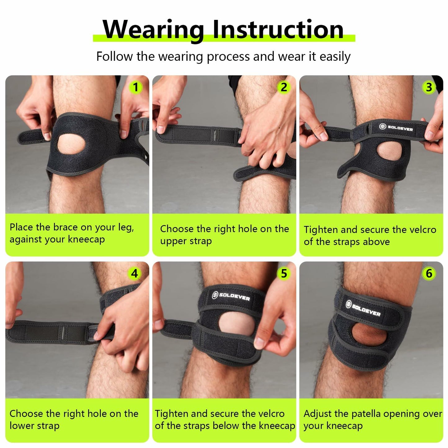 SOLOEVER Patella Knee Brace Dual Support Strap Gel Pad Adjustable Black