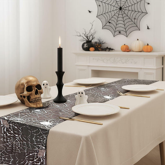 Sioloc Halloween Table Runner Silver Spider Web 13x72 Inch Black Polyester