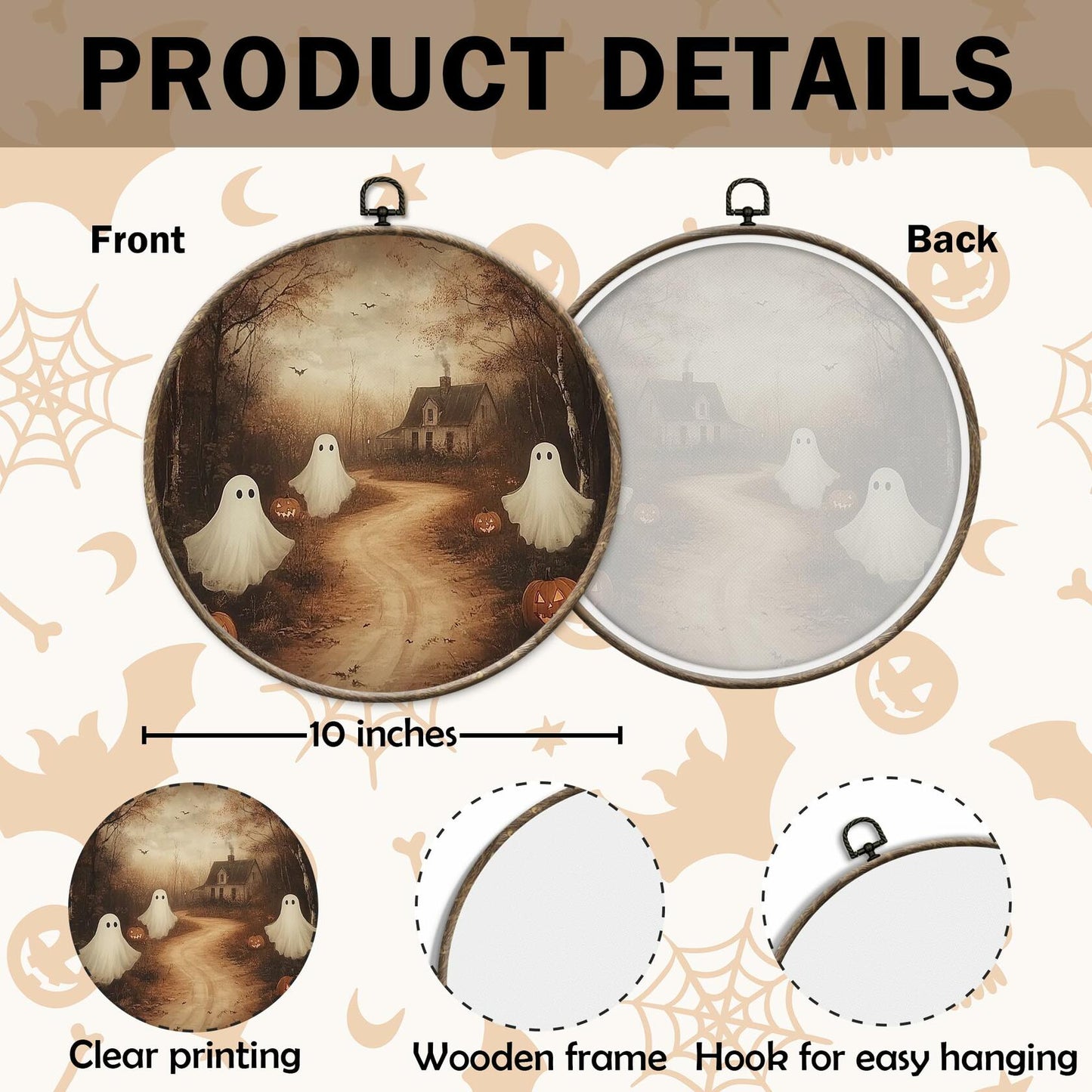 Yorhifa Vintage Ghost Pumpkin Halloween Framed Wall Art Canvas 10x10in