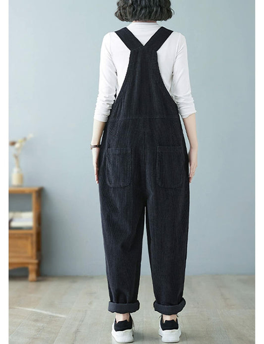 Oaovo Womens Corduroy Pockets Bib Overalls Jumpsuit Wide Leg Black Size M