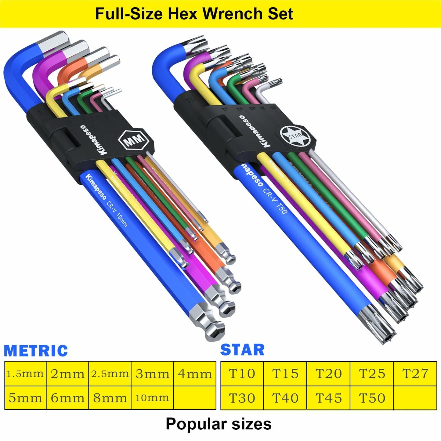Kimapeso 18PCS Allen Hex & Torx Key Set 1.5-10mm T10-T50 Color Marked Chrome