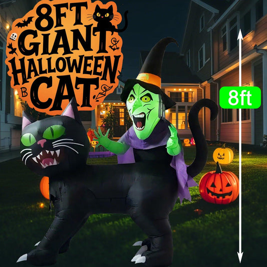 KIMI HOUSE 8FT Halloween Inflatable Black Cat Witch LED Lights Black Orange