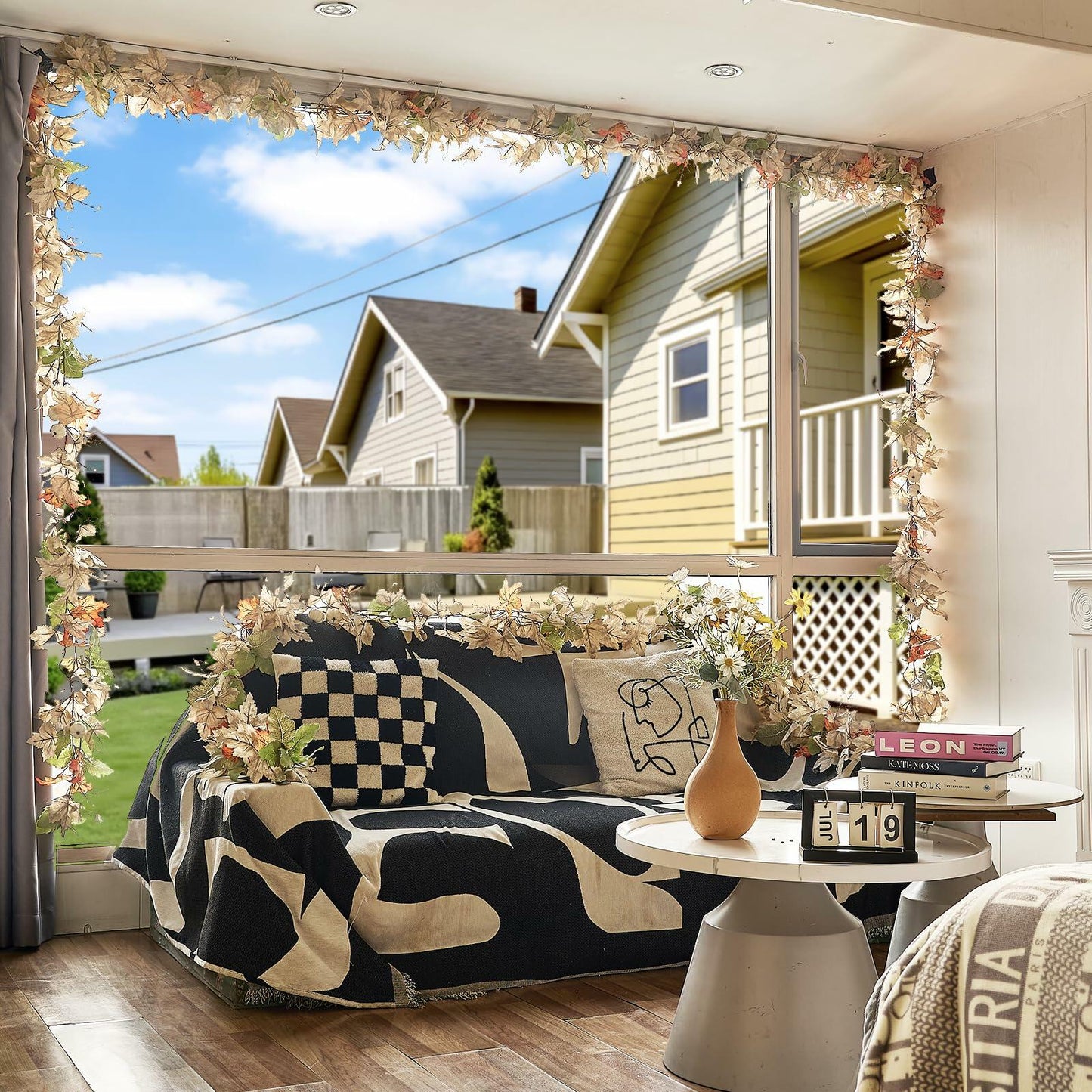 DEPMEM 9Ft Fall Garland White Pumpkins Maple Leaves Thanksgiving Decor 1Pack