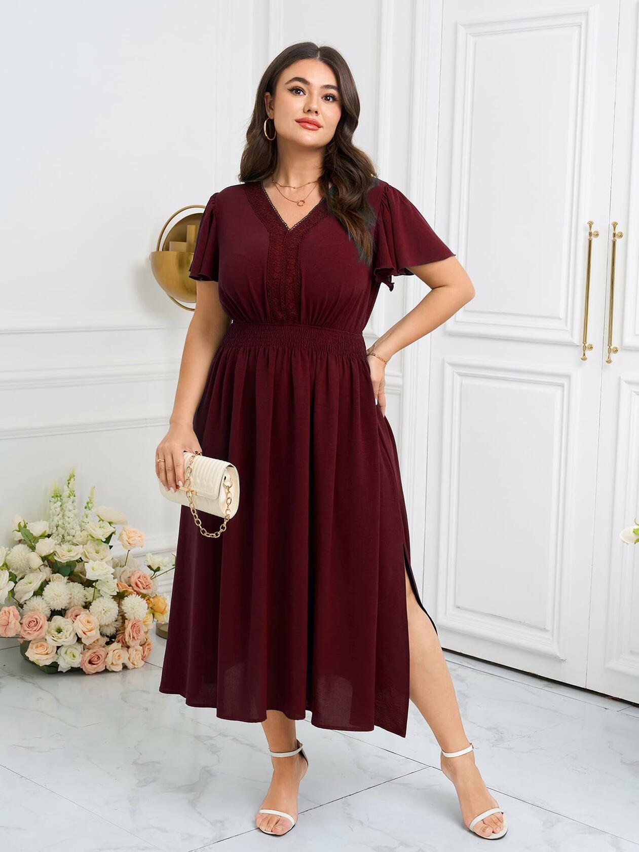 CICIDUDU Plus Size Lace V Neck Ruffle Sleeve Smocked Maxi Dress Burgundy Size 3X