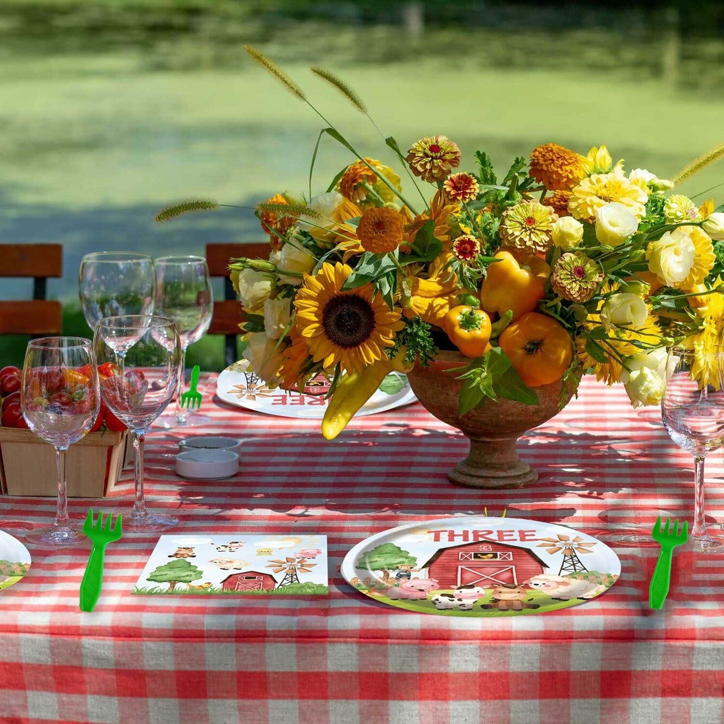 HEETON Farm Boy Three Party Plate 9in Red Green Animal Print Birthday