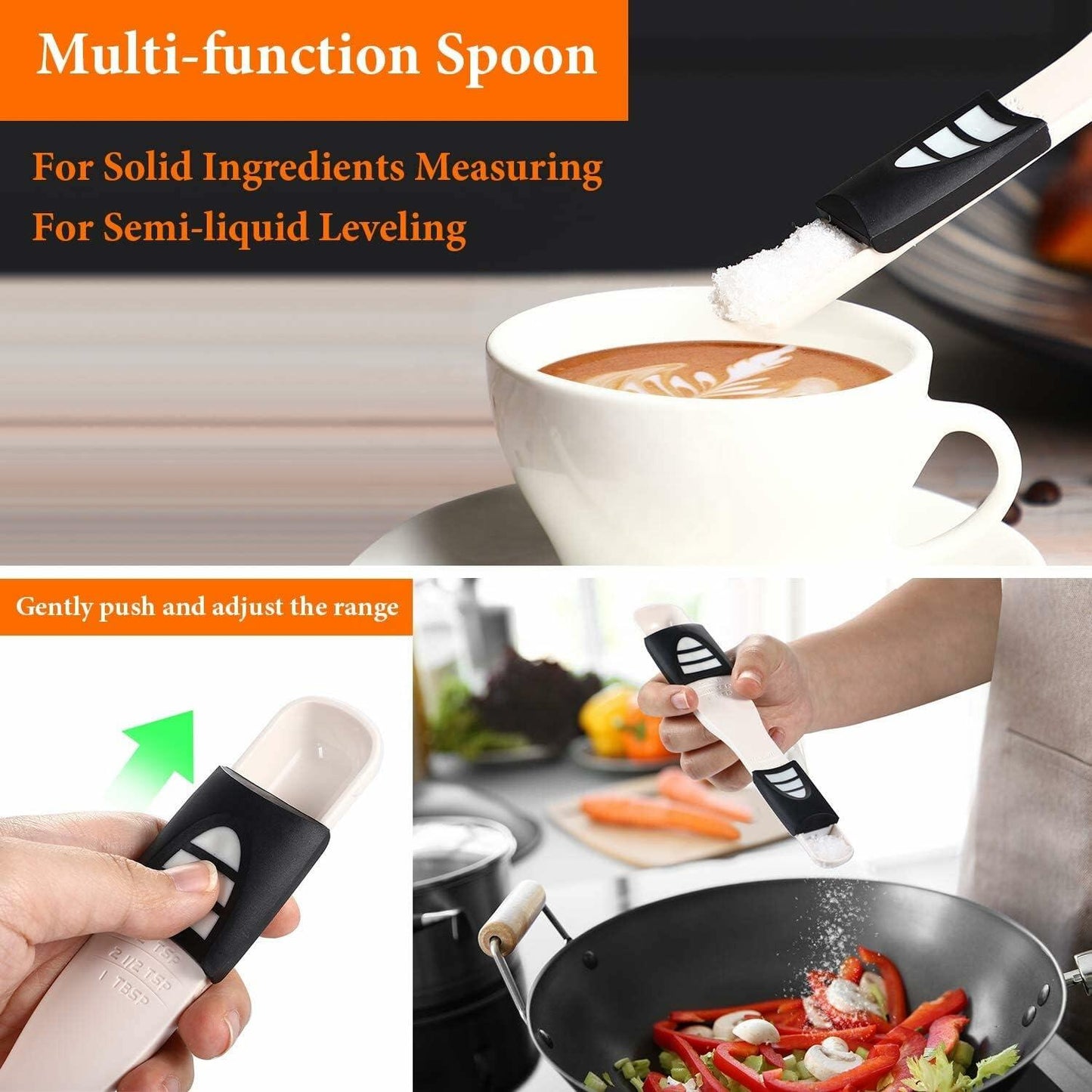 Generic Measuring Spoon Double End Adjustable 1/8 Tsp to 1 Tbsp Black/White