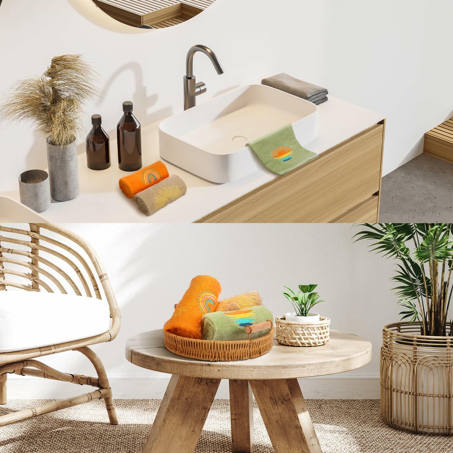 Fanfanwin Boho Embroidered Cotton Hand Towels 14x29 Inch Sun Moon Rainbow 3 Pc