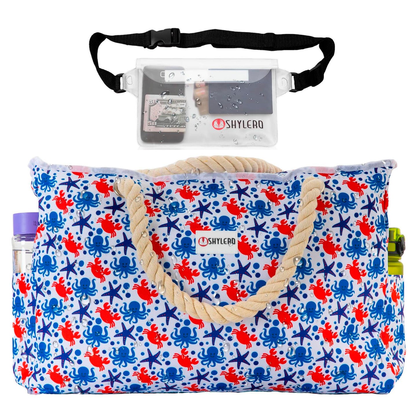 SHYLERO Waterproof Beach Tote Bag with Airtight Pouch & Key Holder L22xH15xW6