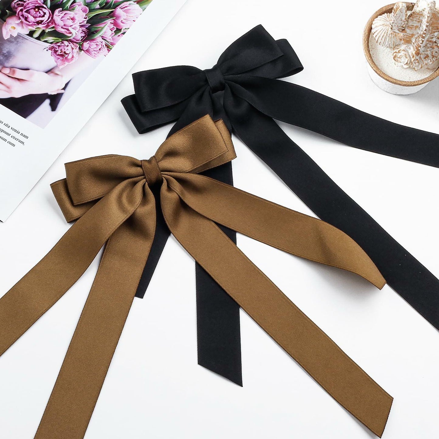 MIKONIKO Bow Hair Clips 2PCS Set Black Brown Ribbon Alligator Clip
