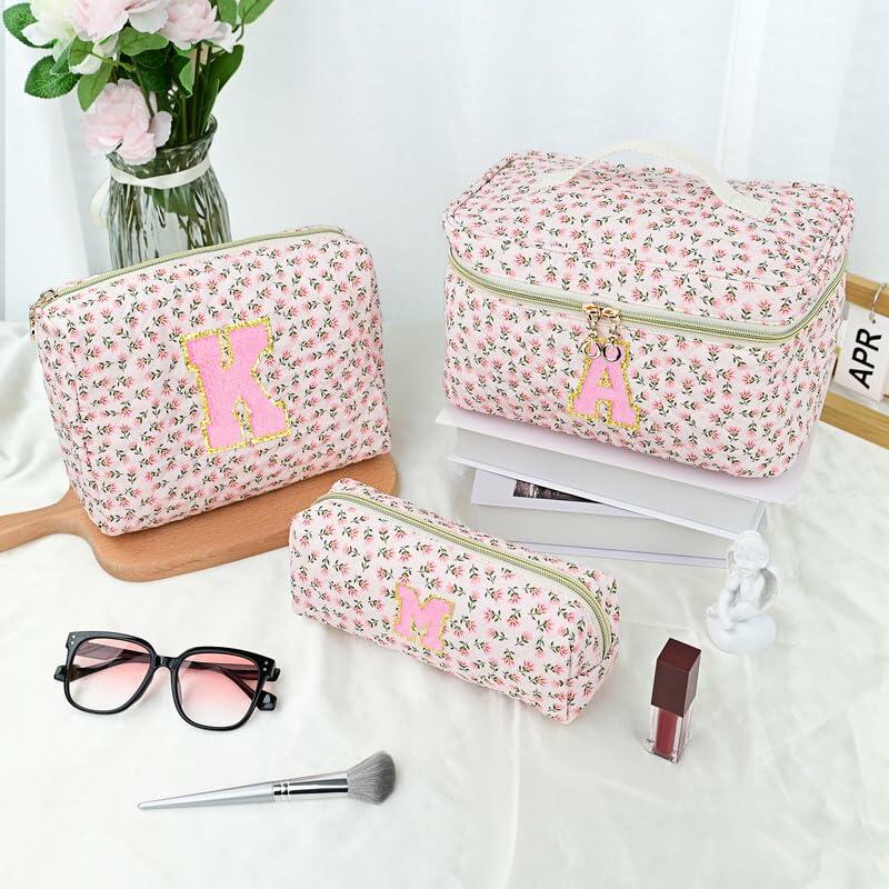 DOSUKE 3 PCS Travel Makeup Bag Set Floral Quilted Cotton Flower
