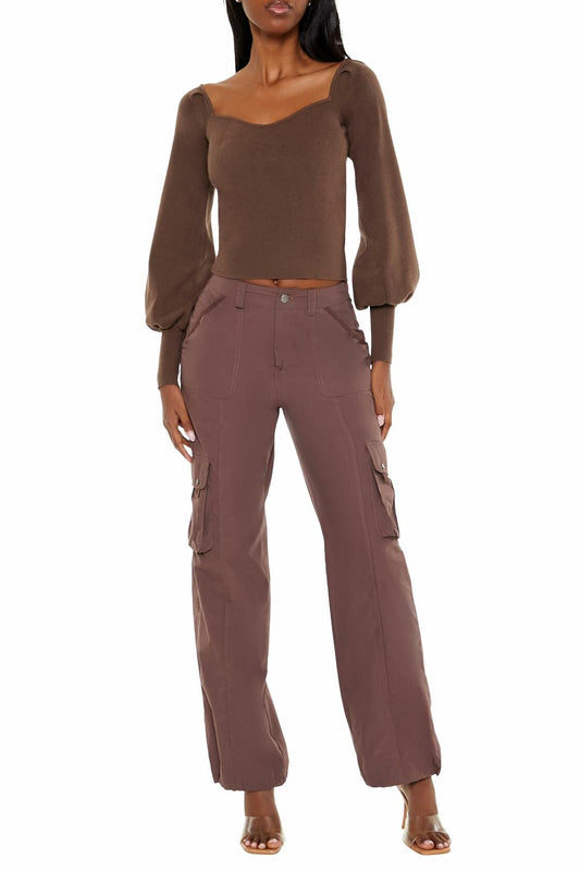 Forever 21 Gigot-Sleeve Sweater-Knit Crop Top Espresso Brown Size XS