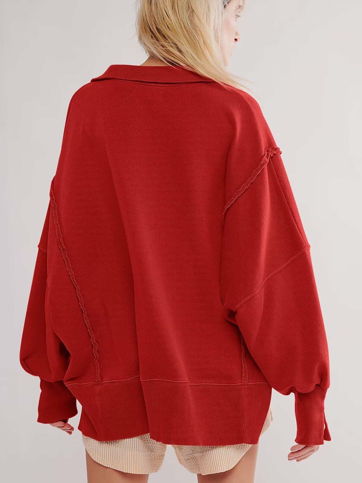 BWQ Women's Oversized Henley Sweatshirt Long Sleeve Pullover Red2 Size M