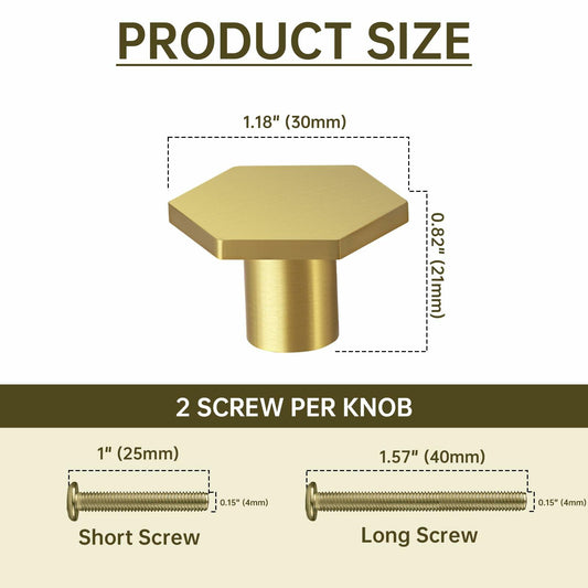 MODMONE Solid Brass Hexagonal Cabinet Knobs 1.18" Brushed Gold 10 Pack