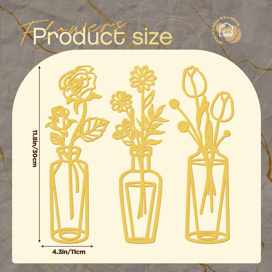 MorningRo 3 Pieces Metal Flowers Wall Decor Vase Rustic Farmhouse Gold