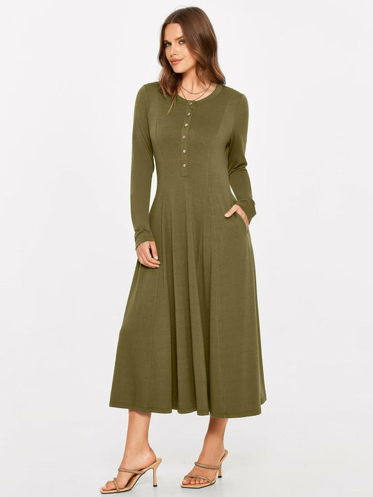 Glamaker Womens Long Sleeve Button Down Fit & Flare Dress Army Green Size L