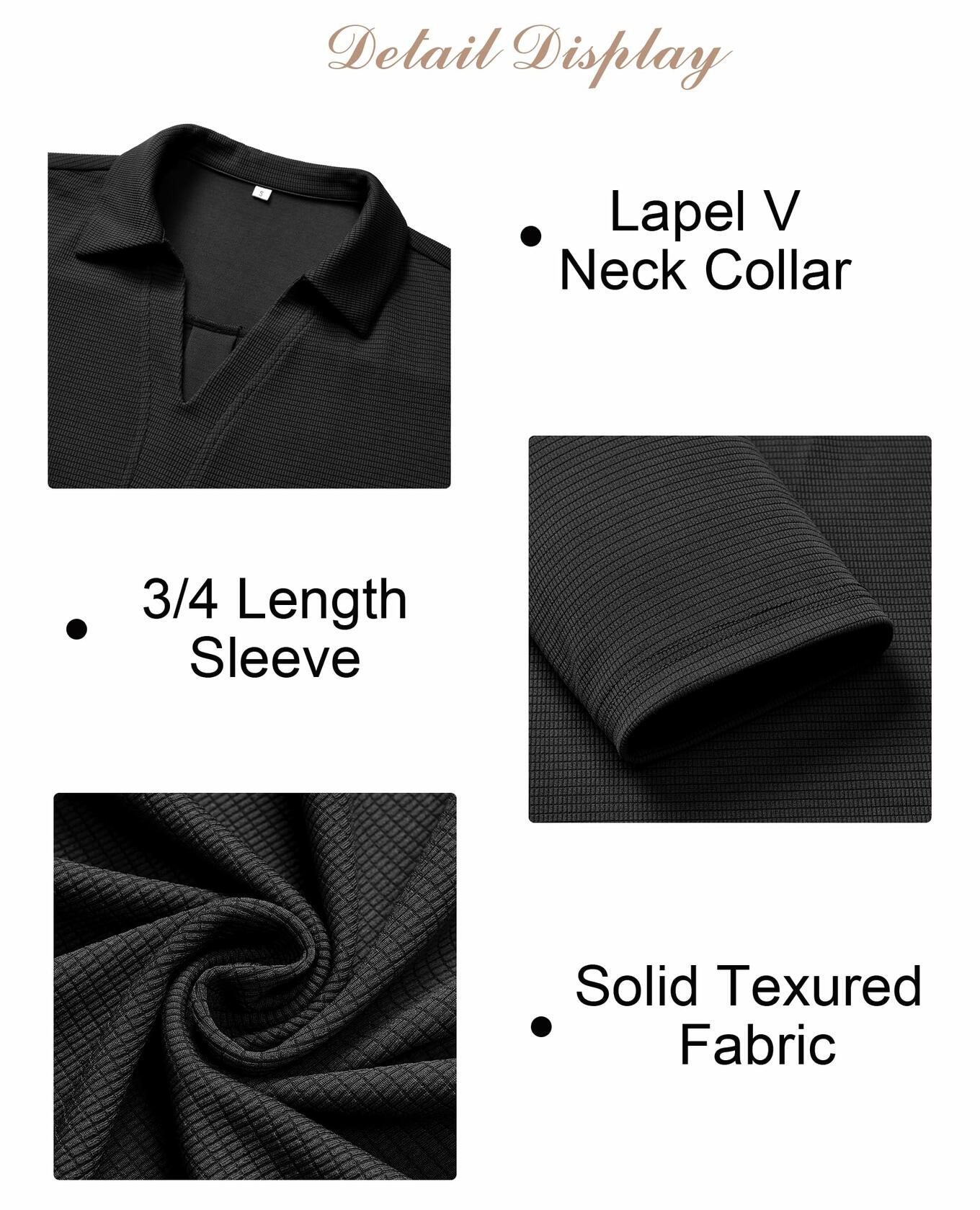 Uhiger Womens Spring Tunic Polo Shirt V Neck 3/4 Sleeve Black Size S