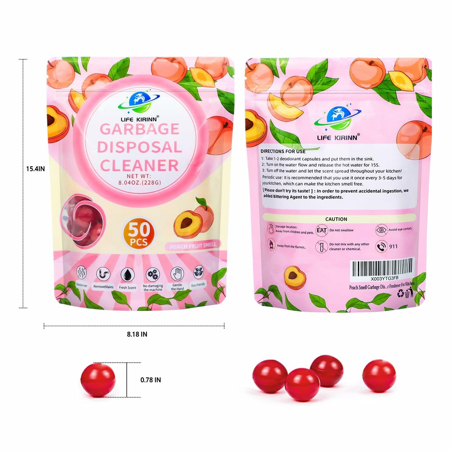LIFE KIRINN Garbage Disposer Freshener Peach Scented 50 Count