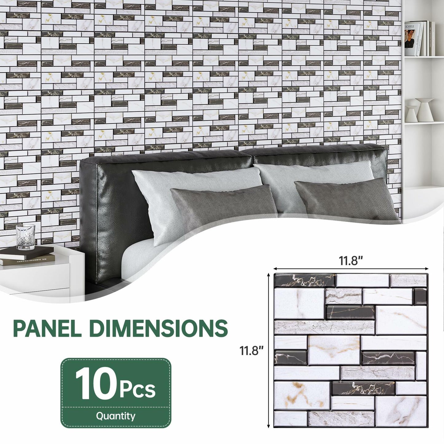 VallisCo 3D Faux Brick Wall Panel 12x12 Black White Marble 10 Pcs PVC