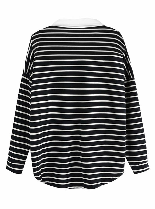 LilyCoco Women Long Sleeve Polo Striped Sweatshirt Black Size Small