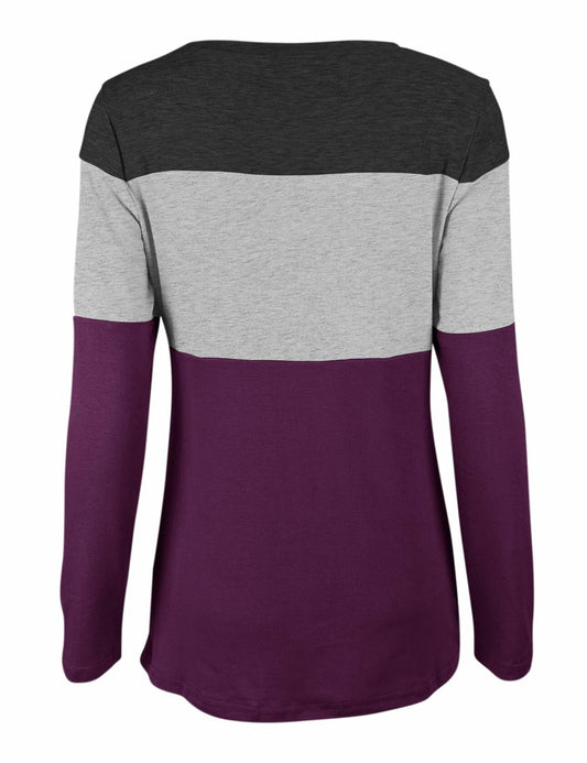Minthunter Women's Long Sleeve Color Block T Shirt Black-GR-Purple Size L