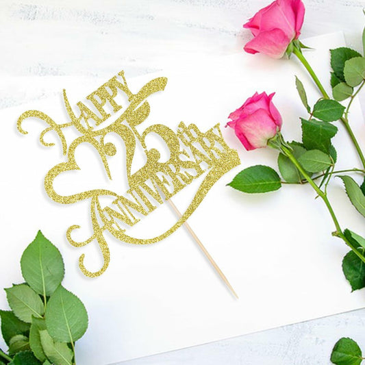 Yetxel Gold Glitter 25th Anniversary Cake Topper - 25th Wedding Anniversary