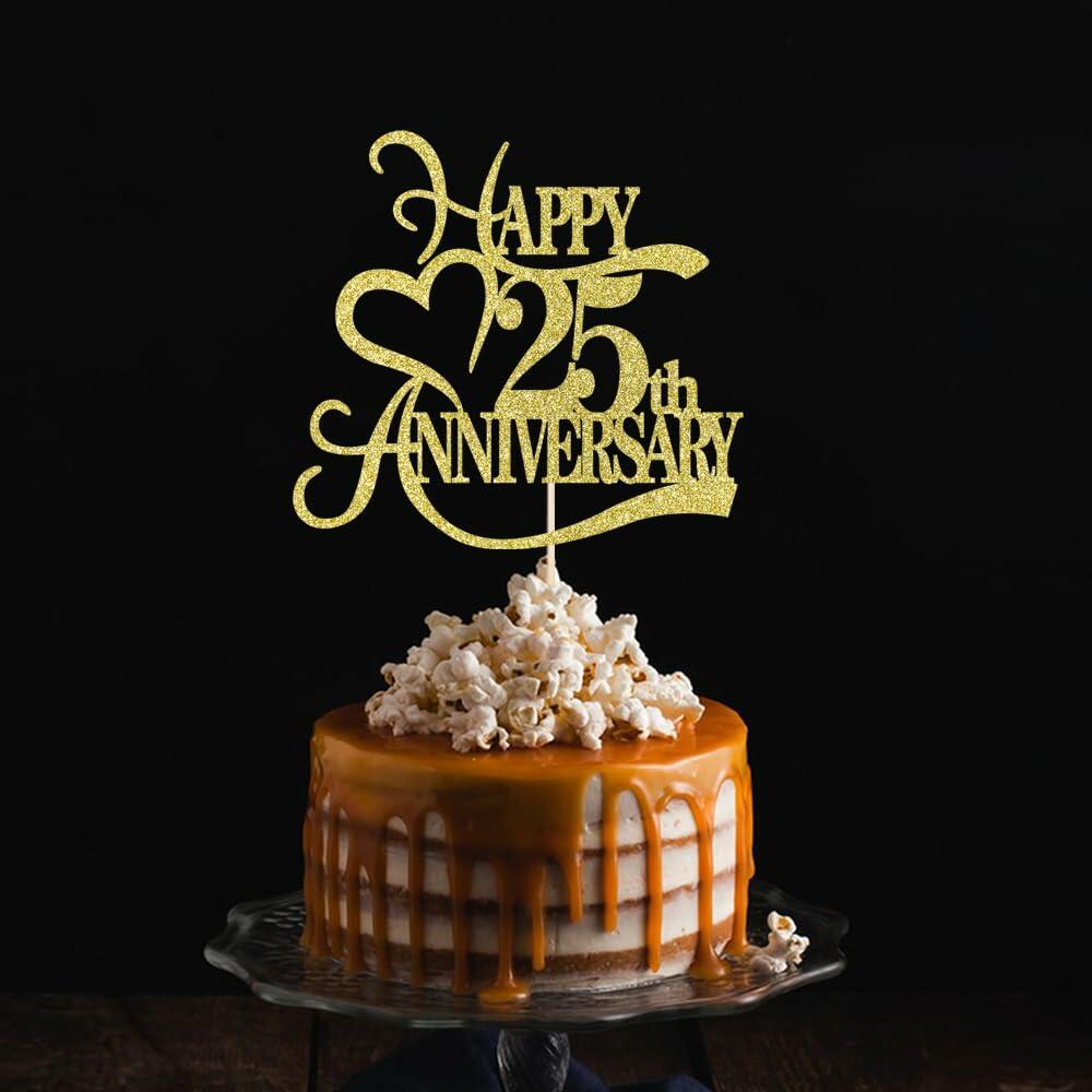 Yetxel Gold Glitter 25th Anniversary Cake Topper - 25th Wedding Anniversary
