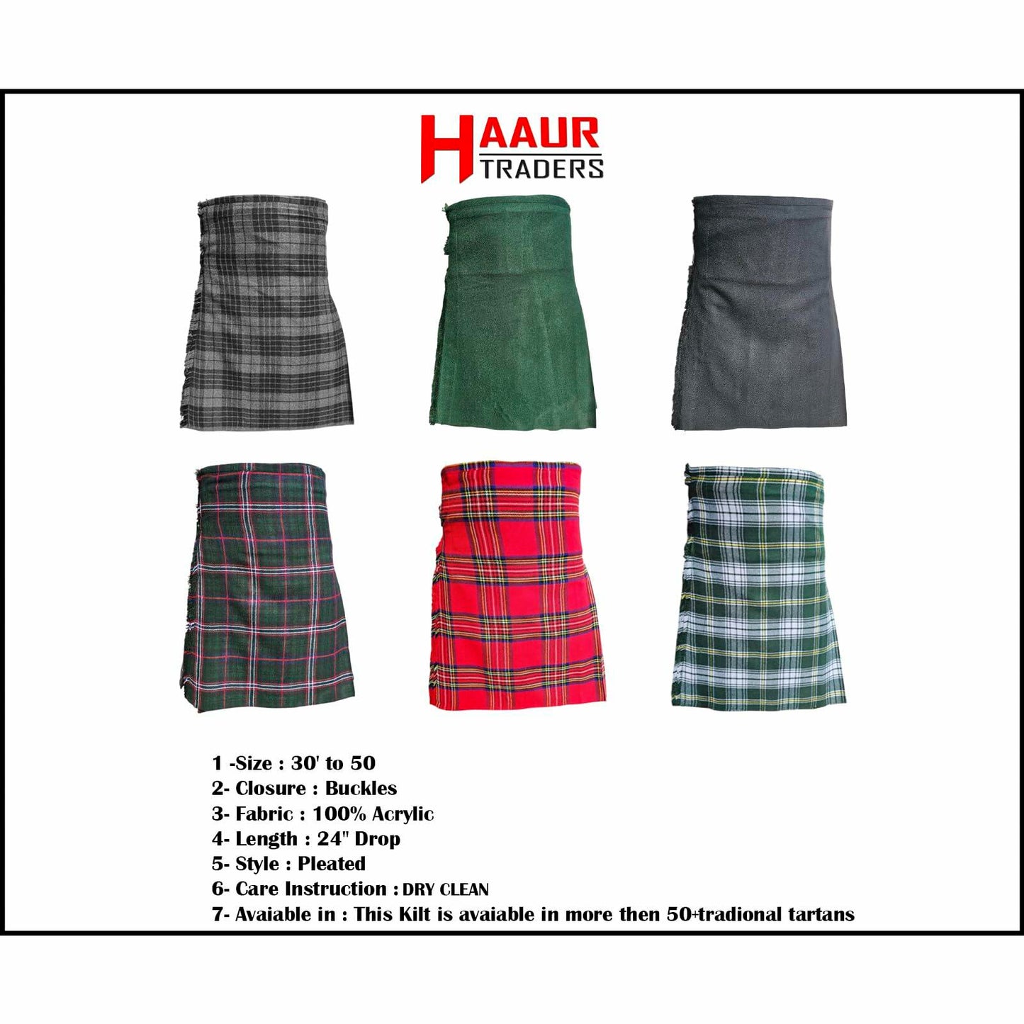 HAAUR TRADERS Scottish Tartan Men's Kilt Black Watch Leather Straps Size 38