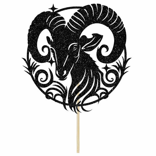 Aries Cake Topper – Black Glitter Zodiac Birthday Party Decor