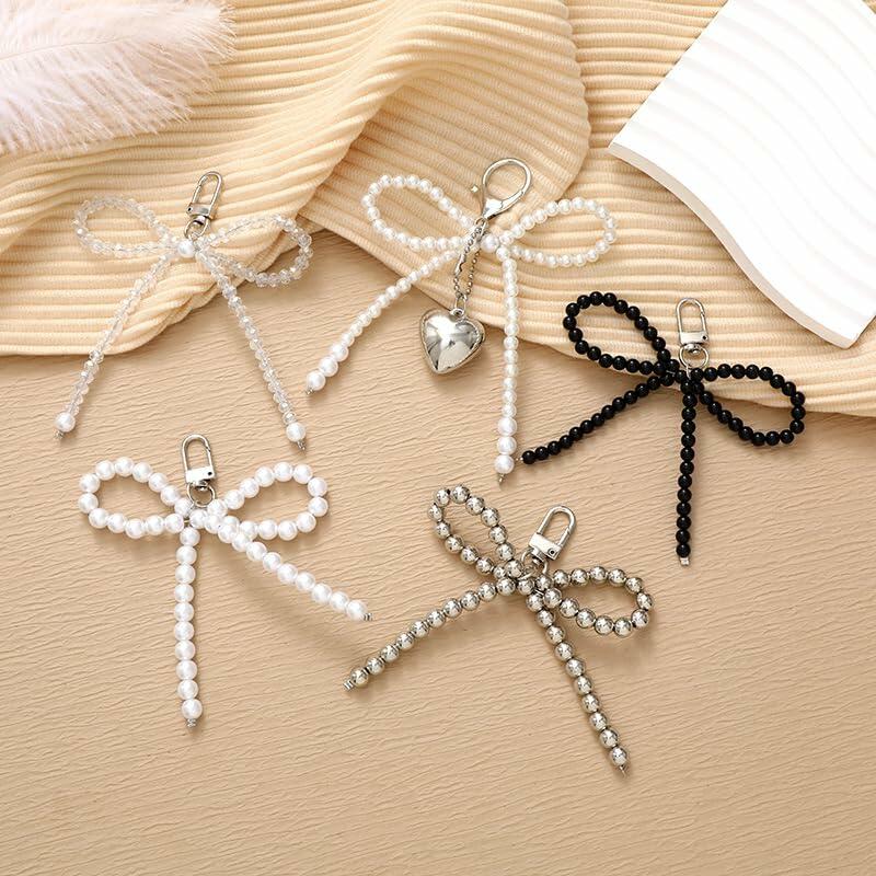 WJR Pearl Bow Bead Keychain Charm Elegant Bowknot Keyring Silver