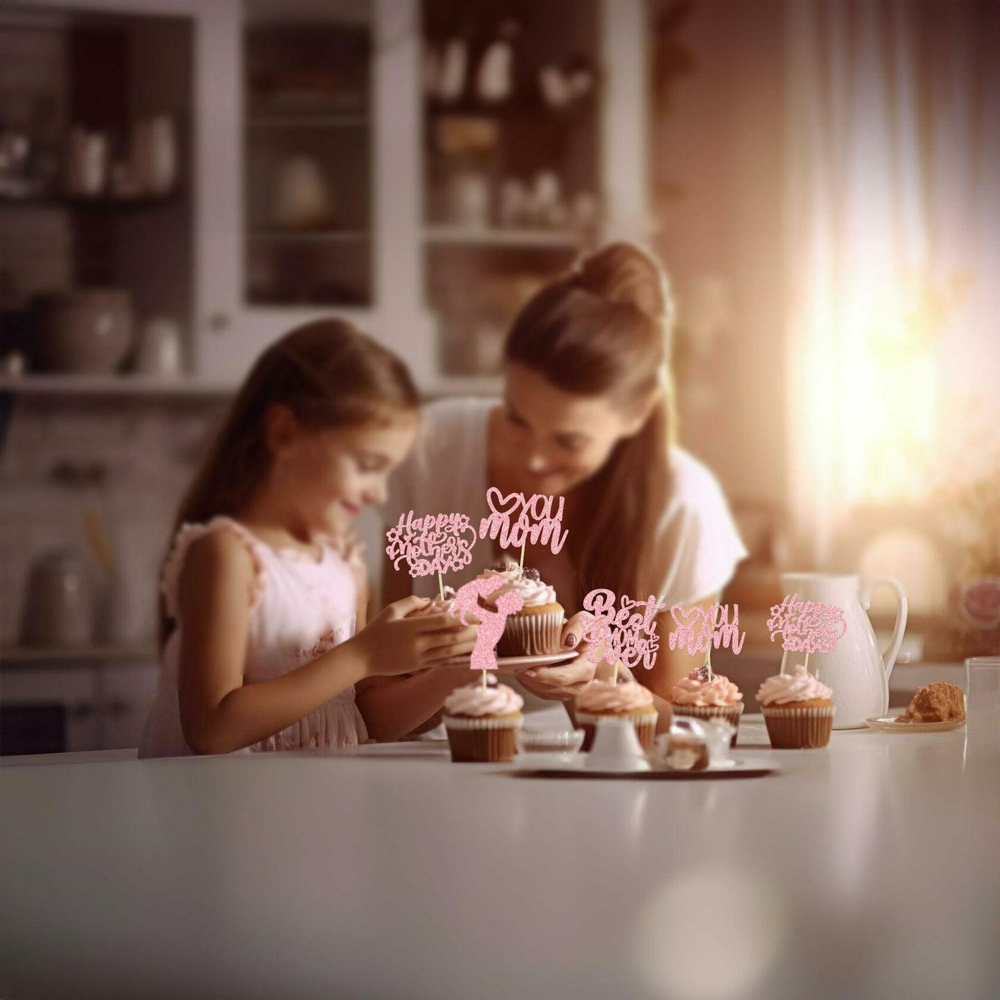 Gyufise 24-Pack Pink Mother’s Day Cupcake Toppers Love You Mom Cake Picks