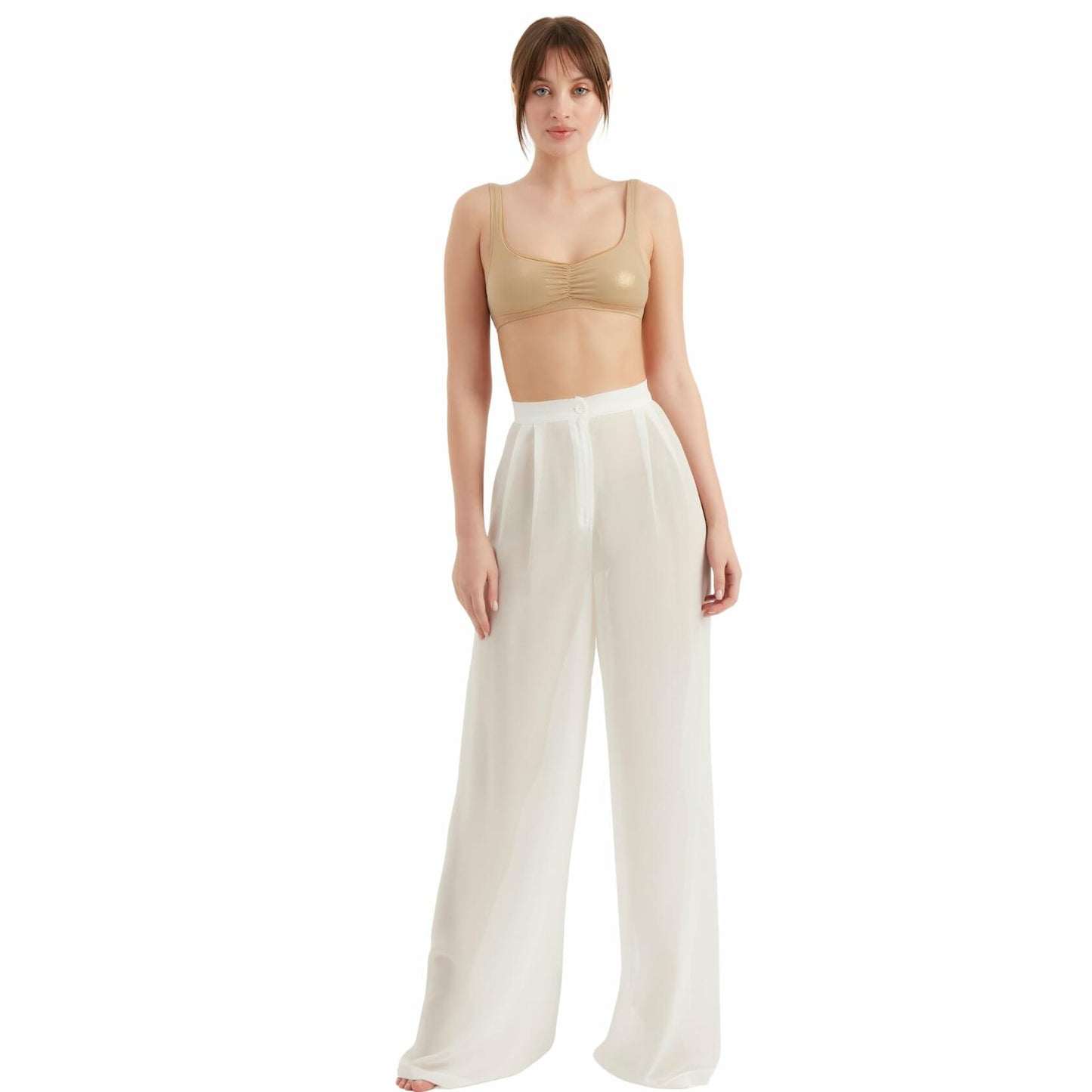 TUBANUR Women’s Chiffon Wide Leg Pants High Waist Palazzo Summer White XS