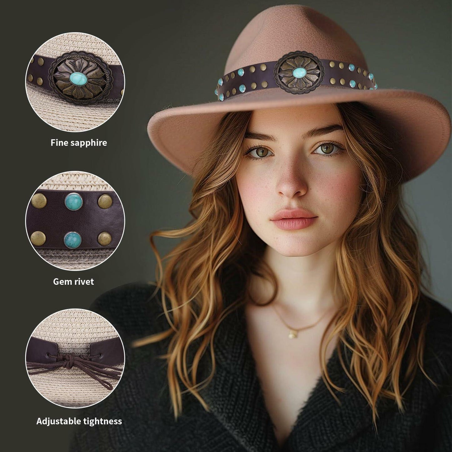 Whistlone Handmade Embroidery Hat Band Studded Sapphire Rivets Cowboy Fedora