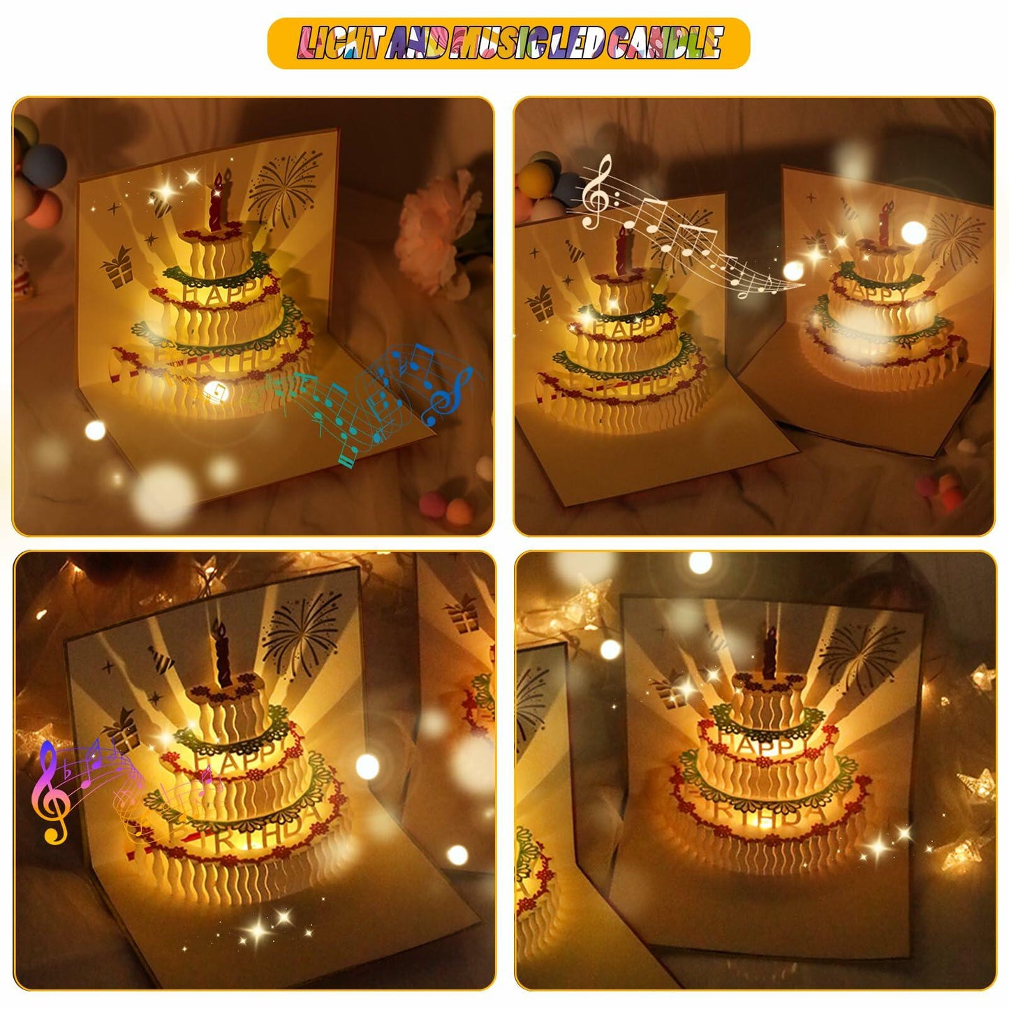 CANREVEL Birthday Card with LED Light & Music Fireworks Pop-Up Candle Gift