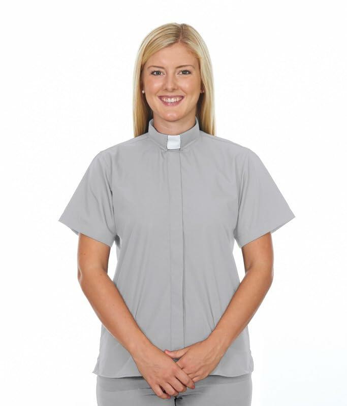 FOR HIS SERVICE Women’s Clergy Shirt Gray Short Sleeve Tab Collar Size 22