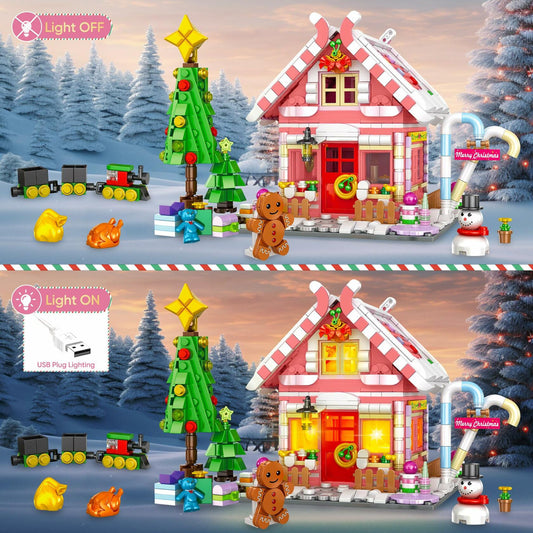 GIVFOZAY 1288PCS Christmas Gingerbread House Building Block Set Pink OPEN BOX