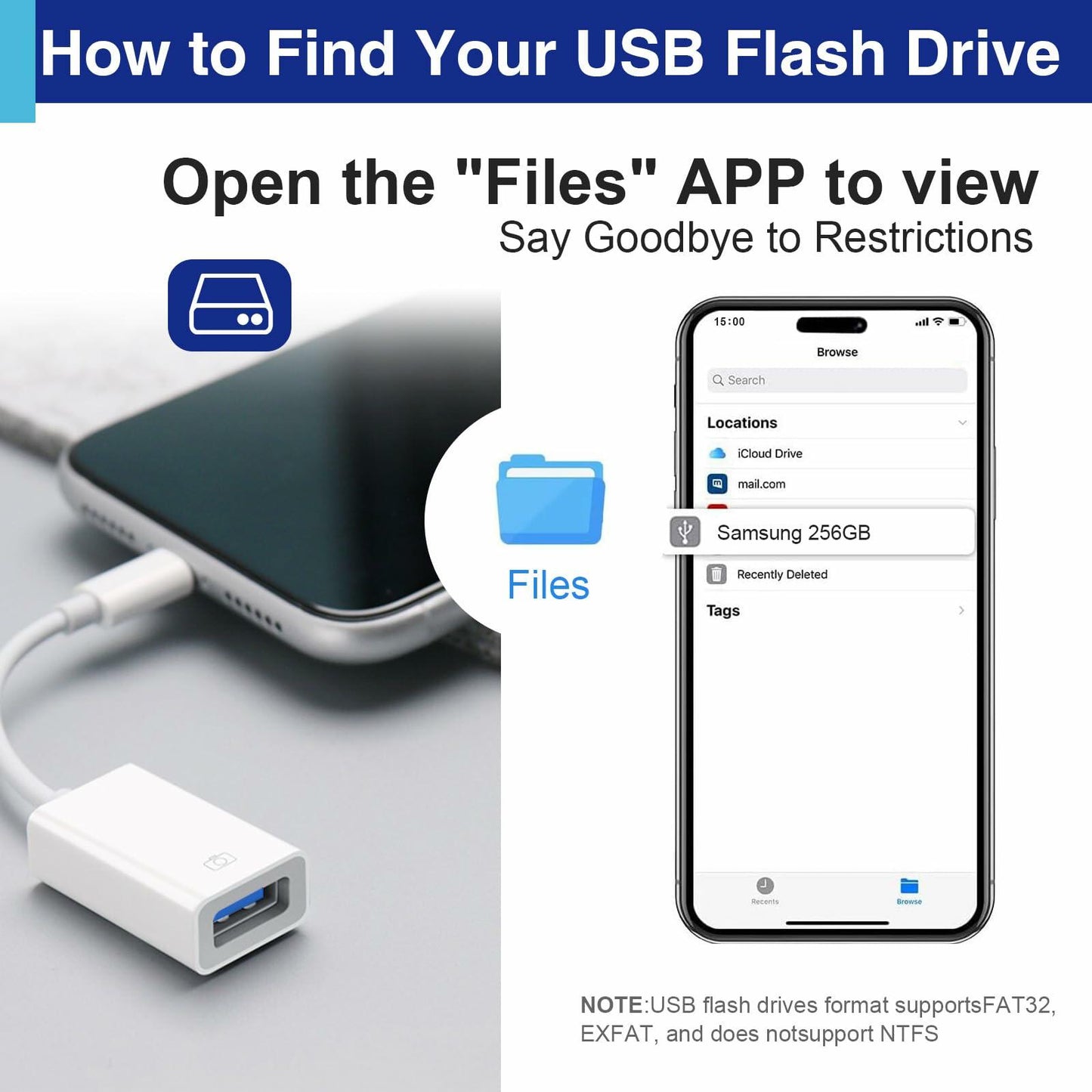 Usdrwam 8-Pin Male to USB 3.0 Female OTG Adapter Cable 2 Ports