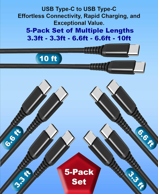 tekSonic 5 Pack USB-C Cable 3.1A Fast Charging PD Type-C to C 3–10ft