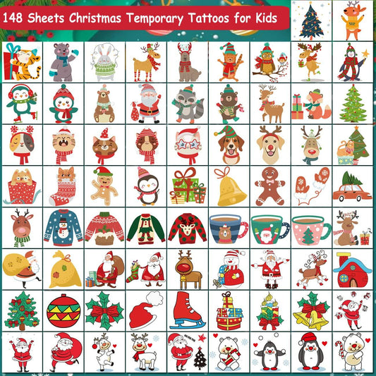 CHARLENT 148pcs Christmas Temporary Tattoos for Kids Xmas Party Favors