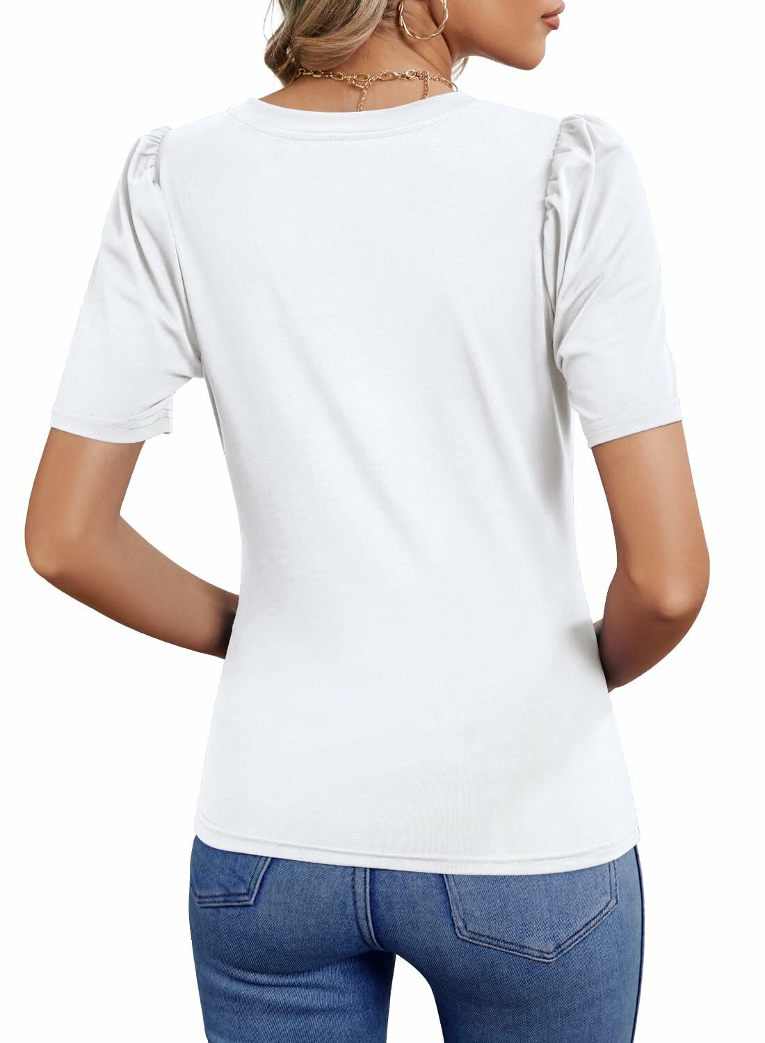 DOROSE Women's V Neck Puff Sleeve T Shirt White Size M