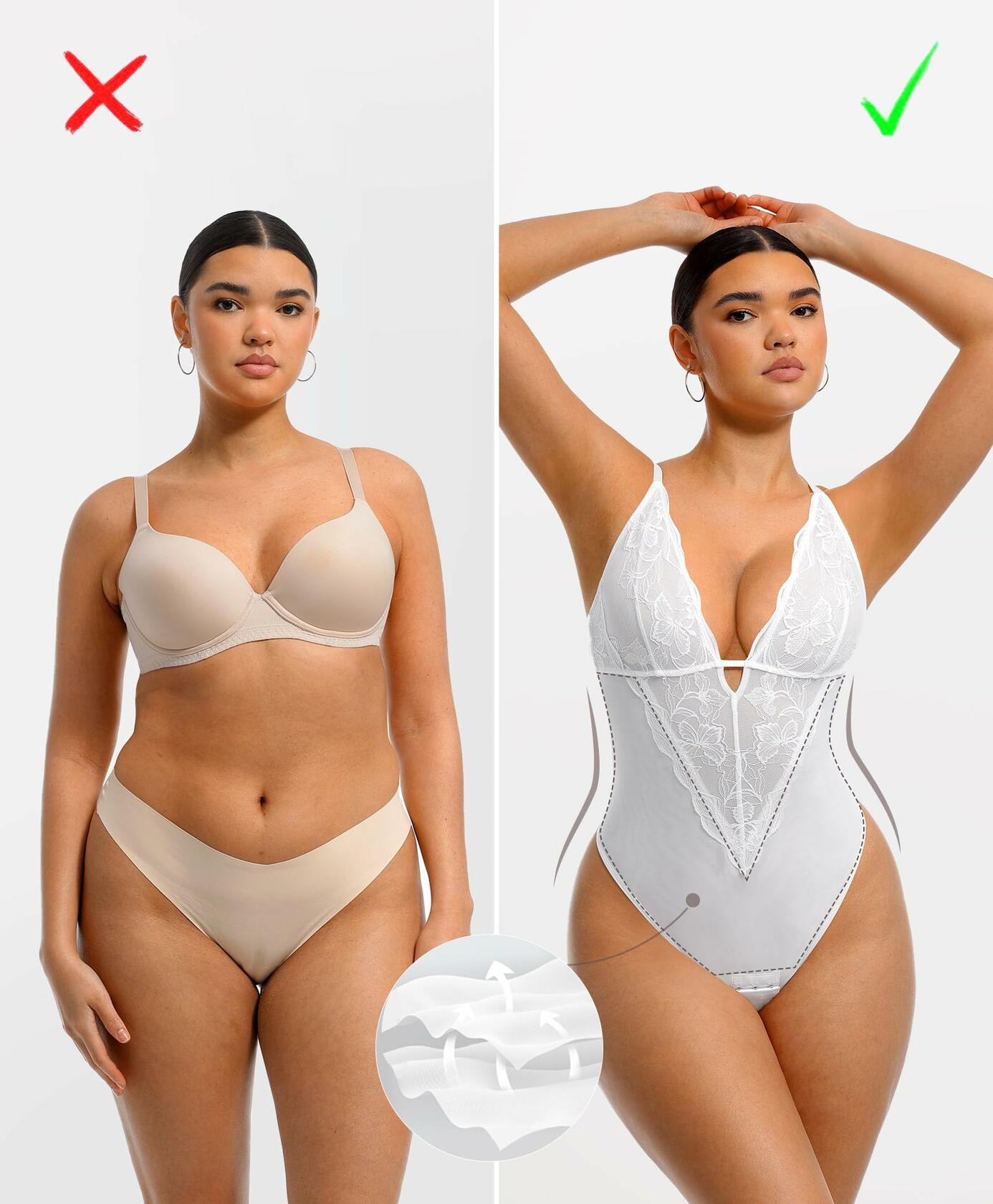 FeelinGirl Shapewear Tummy Control Lace Bodysuit V Neck Low Back White Size S