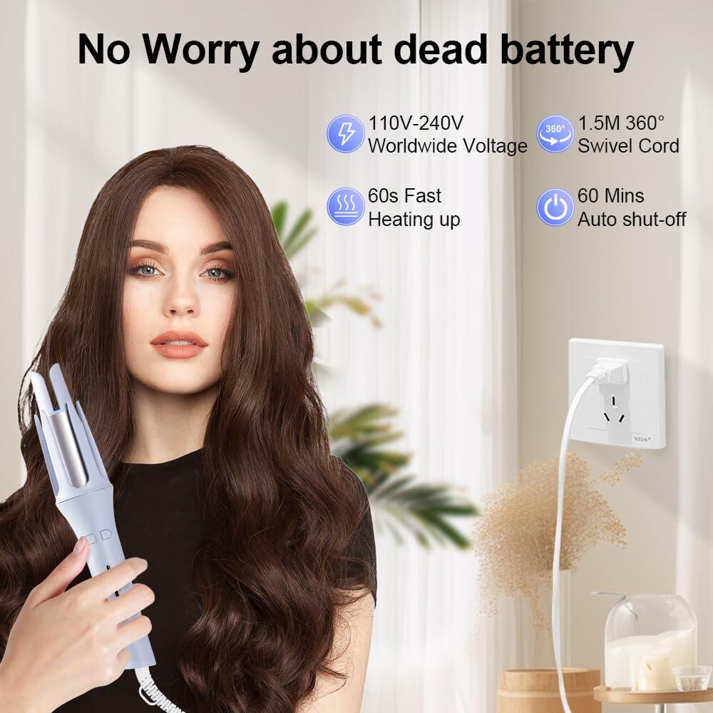 FOUYIN Auto Hair Curler 1 Inch 4 Temp Fast Heating Dual Voltage Blue