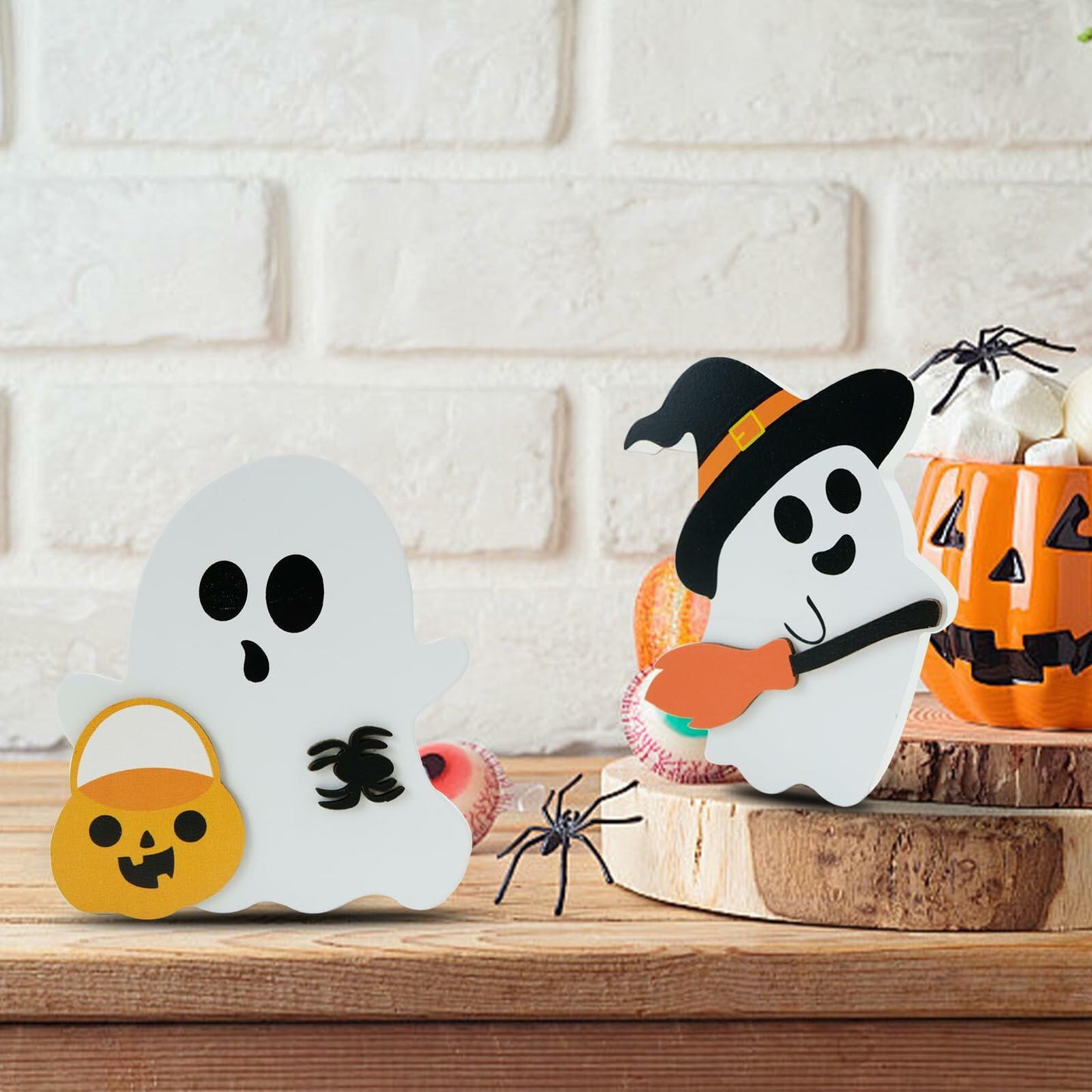 MYUPDALIN Halloween Indoor Decor 3PCS Wooden Ghost Cat Bat Witch Black