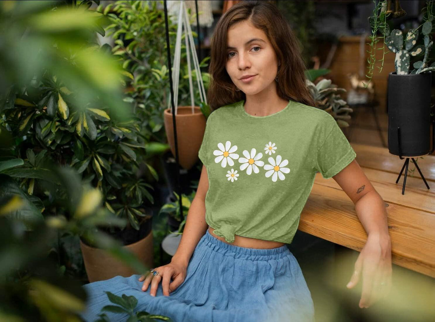 LUKYCILD Daisy Graphic Short Sleeve Summer Shirt Top Green Size M