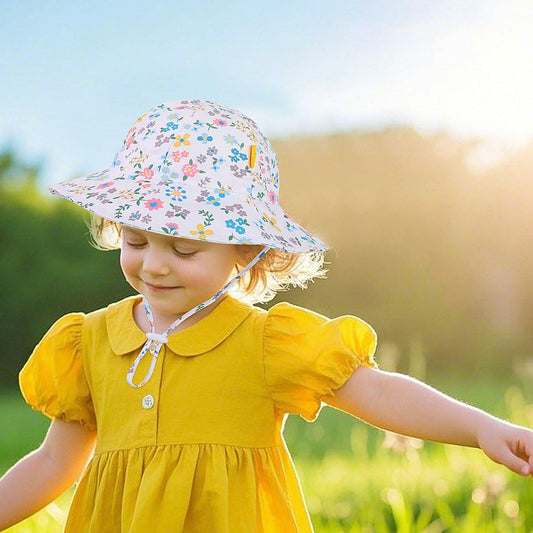 Huuflyty Baby Girl Adjustable Sun Hat Wide Brim UPF 50+ Floral Khaki Size 6-24M