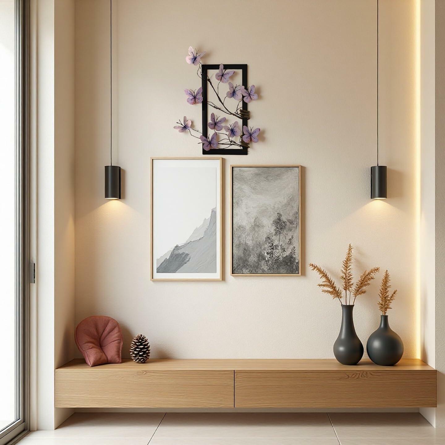 HMKAIJUFUL Handmade Butterfly Wall Art Wood Frame Blue Purple 16x8in