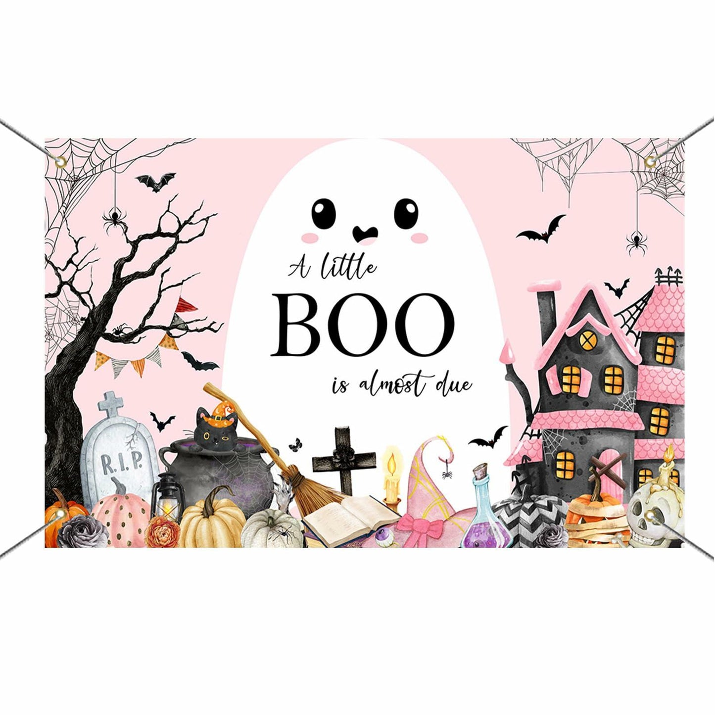 Mocsicka Little Boo Halloween Baby Shower Backdrop Banner Pink Black 70.8x43.3in