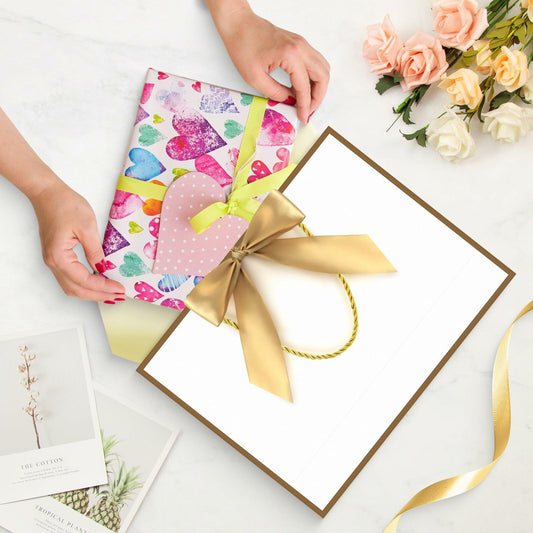 2PCS Medium Gift Bags with Tissue Paper Handle Bow Ribbon Golden White