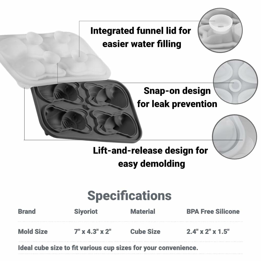 Siyoriot 3D French Bulldog Ice Cube Mold 4 Hole Black BPA Free Silicone